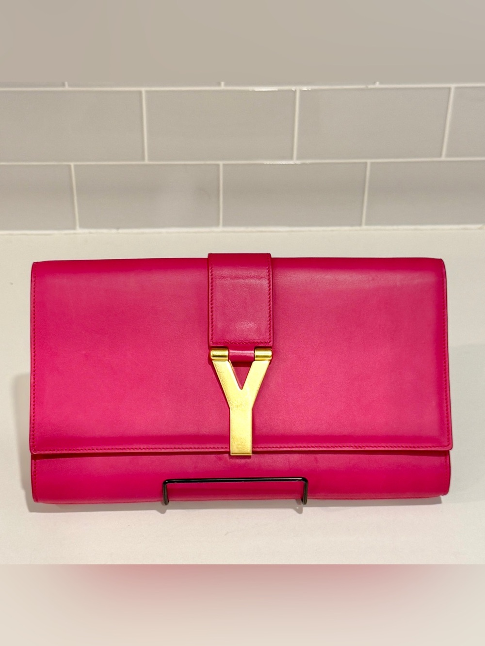Saint Laurent Hot Pink Calfskin Leather Clutch with Certificate of Authenticity